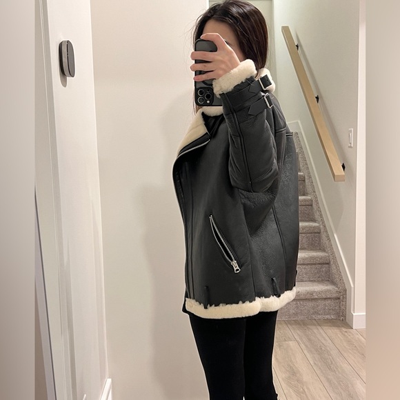 100% real leather and fur shearling winter jacket - Picture 5 of 16